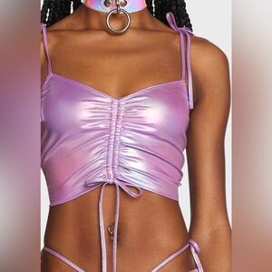 Club Exx Metallic Shimmer Ruched Crop Tank Purple